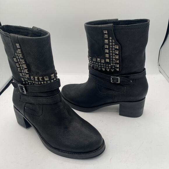 Women's Vince Camuto Leather Boots Sz 7.5 Studded Black Mid Calf Booties GREAT!! - Picture 2 of 8